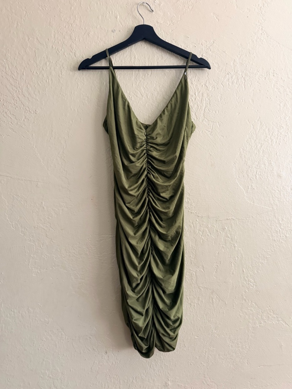 Fashion Nova Olive Ruched Midi Slip Dress